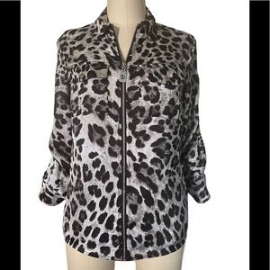 Michael Kors Leopard Print LongSleeve Roll-Tab 3/4 Sleeve Zip Front Blouse Top